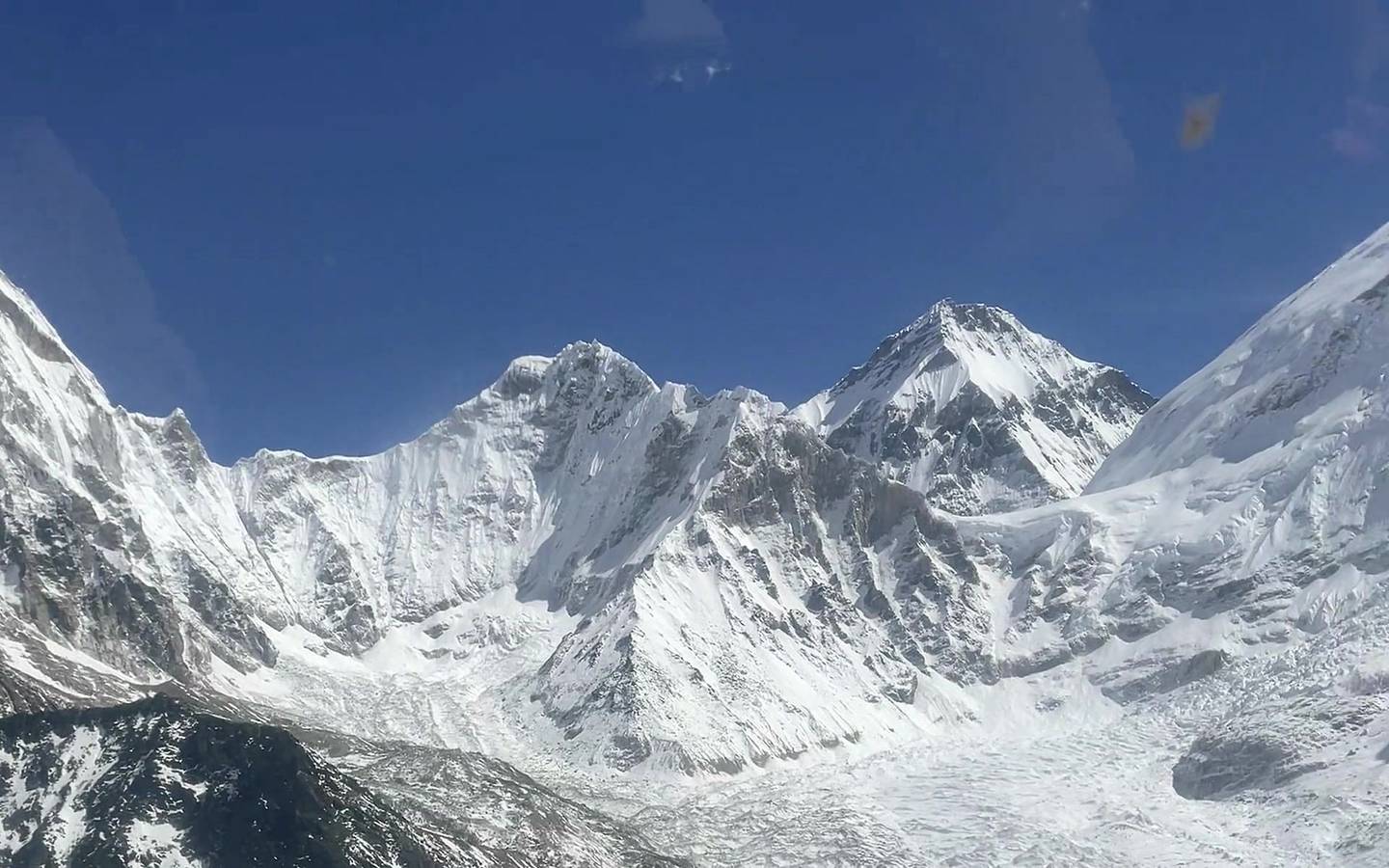 The Khumbu seen through a helicopter windscreen.
