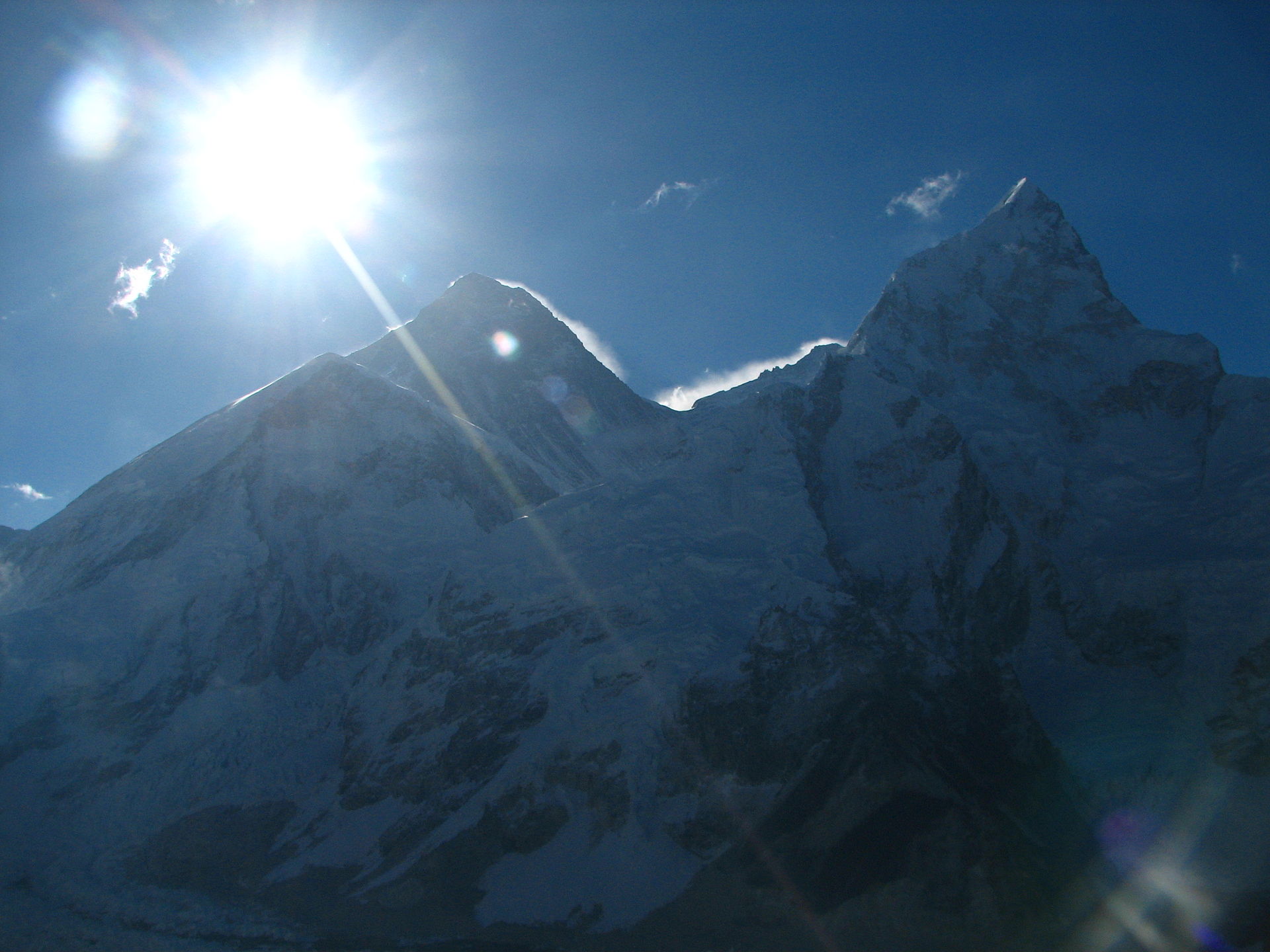 Everest and Nuptse from Kala Patthar shortly after sunrise, with the Khumbu glacier below.